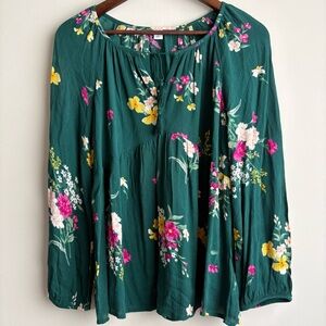 Old Navy Floral Peasant Blouse Women’s Medium Green Boho Long Sleeve Flowy Top